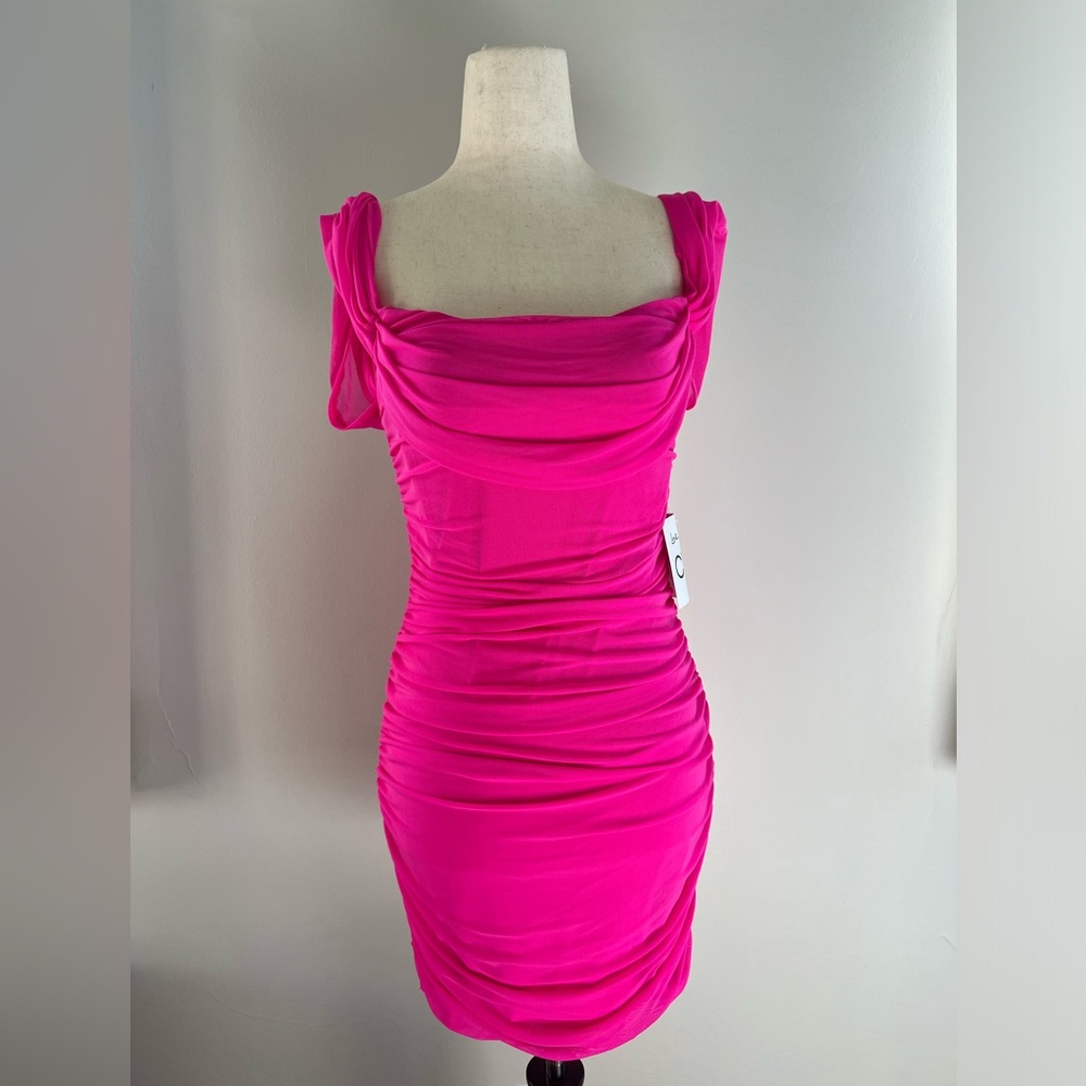 Hot Pink Off-the-Shoulder Ruched Fitted Dress
